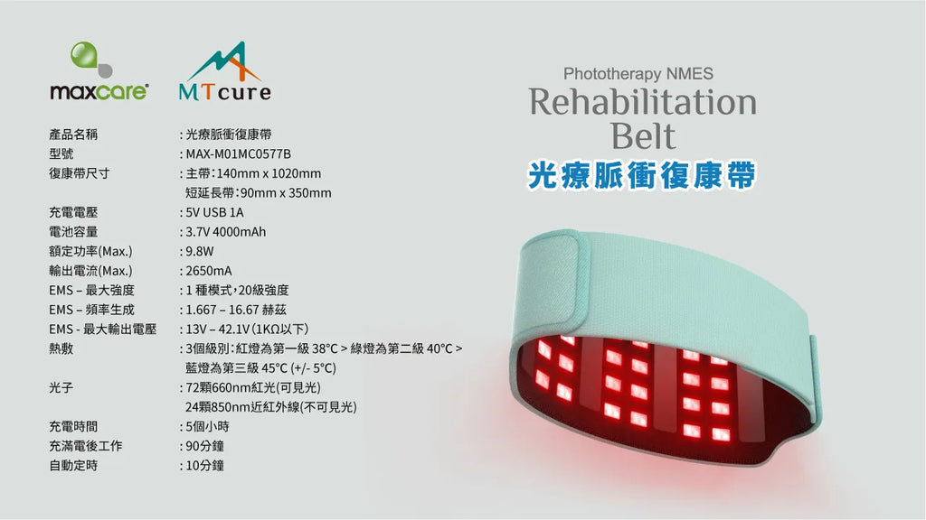 Maxcare 光療脈衝復康帶 - 紅光光療 + NMES 電刺激 + 熱敷｜中大醫學院聯合研發