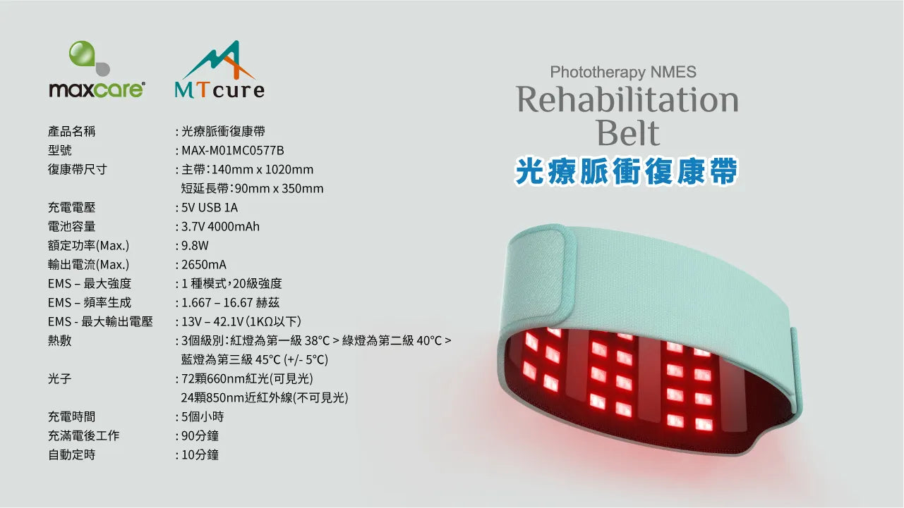 Maxcare 光療脈衝復康帶 - 紅光光療 + NMES 電刺激 + 熱敷｜中大醫學院聯合研發
